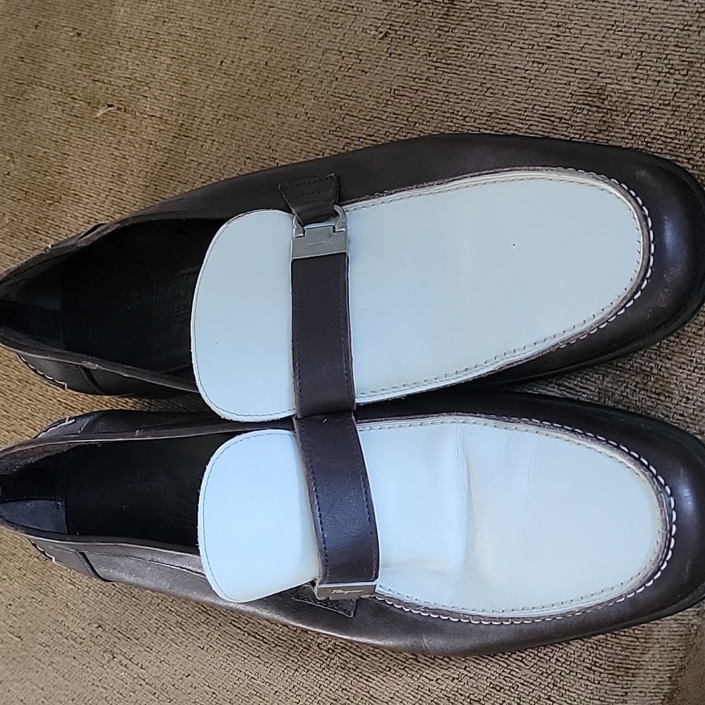 Salvatore Ferragamo Brown and White Loafers with Buckle Detail